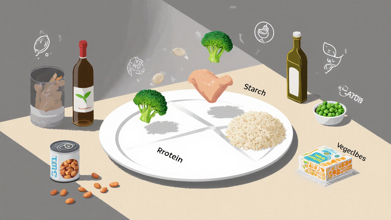 A minimalist plate divided into protein, starch, and veggie sections with icons of chicken, rice, and broccoli above.