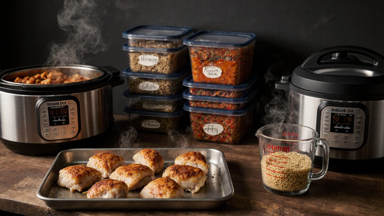 Batch cooking scene with roasted chicken, Instant Pot quinoa, slow cooker stew, and labeled containers.