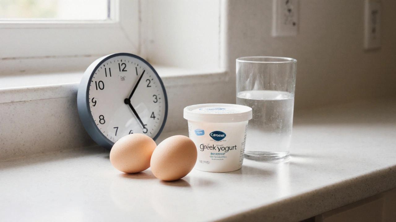 Breakfast with two eggs and yogurt on a counter, next to a clock showing morning time.