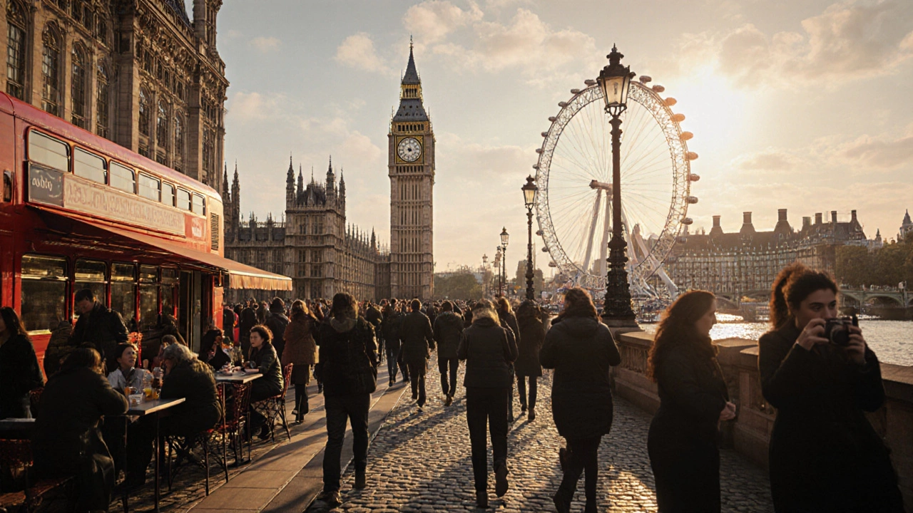 Busy London street at dusk with Big Ben, tourists, and a double‑decker bus.