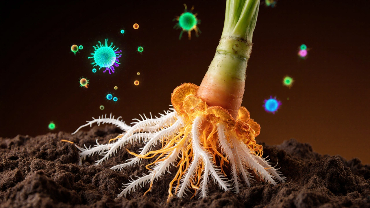 Close‑up digital art of fungal threads and roots showing mycorrhizal connections in soil.