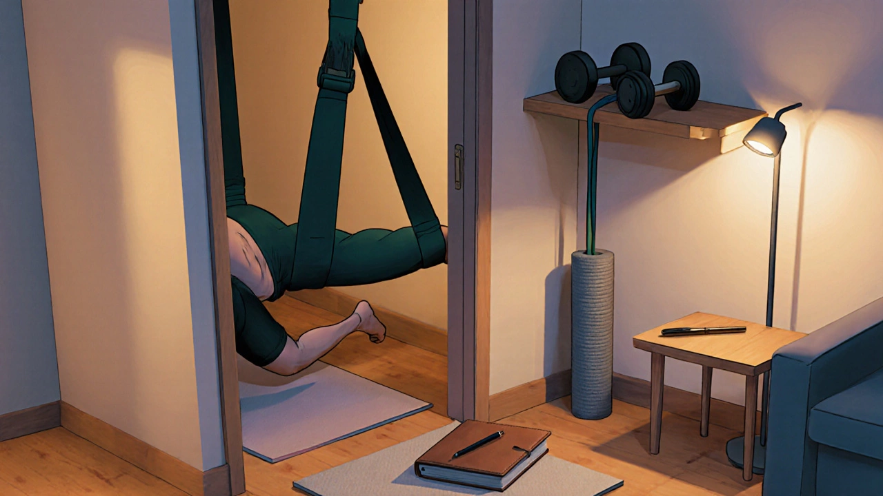 Compact home gym corner with suspension trainer, dumbbells, bands, yoga mat, and foam roller.