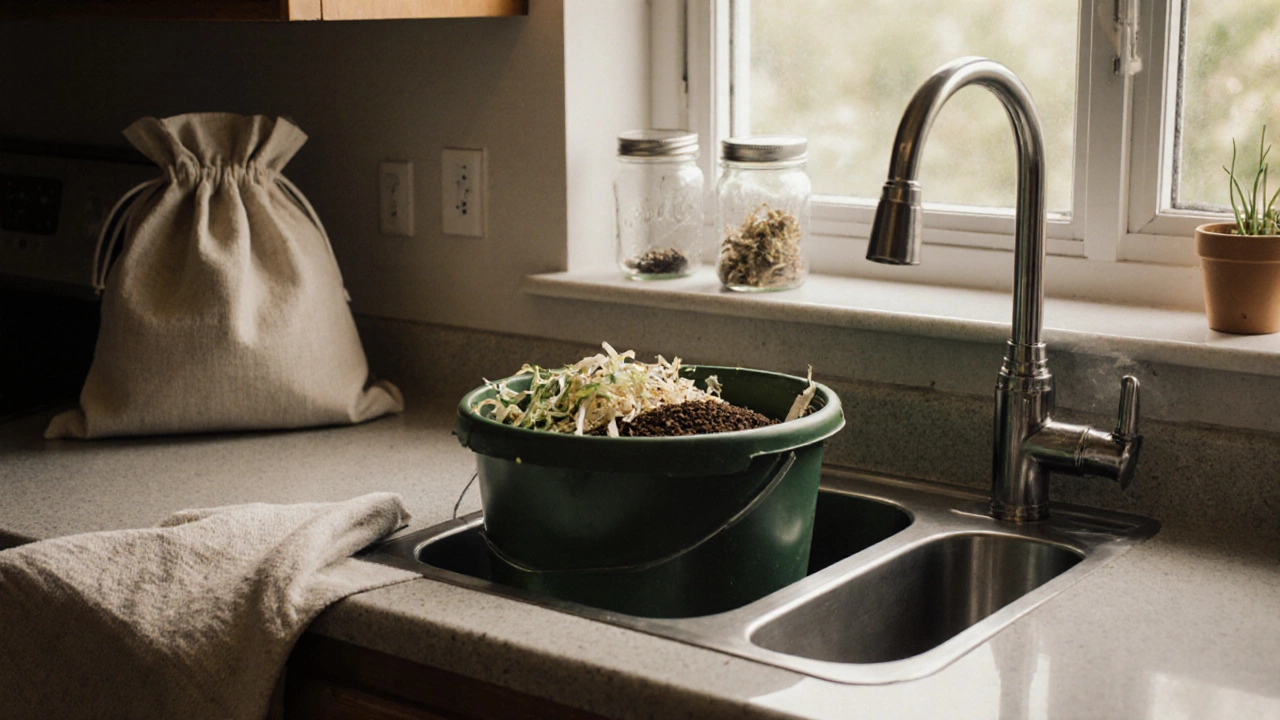 Compost bucket under a kitchen sink filled with food scraps and shredded paper, next to reusable cloth bags.