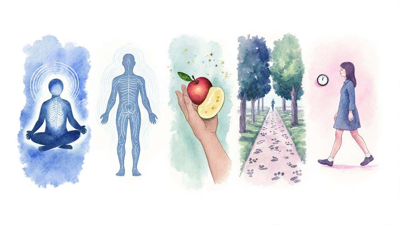 Five watercolor scenes of breathing, body scan, mindful eating, walking, and pause.