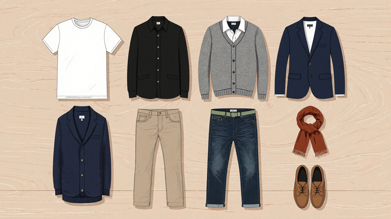 Flat lay of capsule wardrobe pieces with a rust scarf and sage belt.