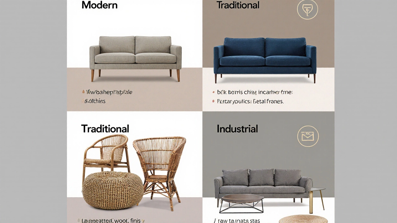 Four‑section collage comparing Modern, Traditional, Boho, and Industrial interior styles.