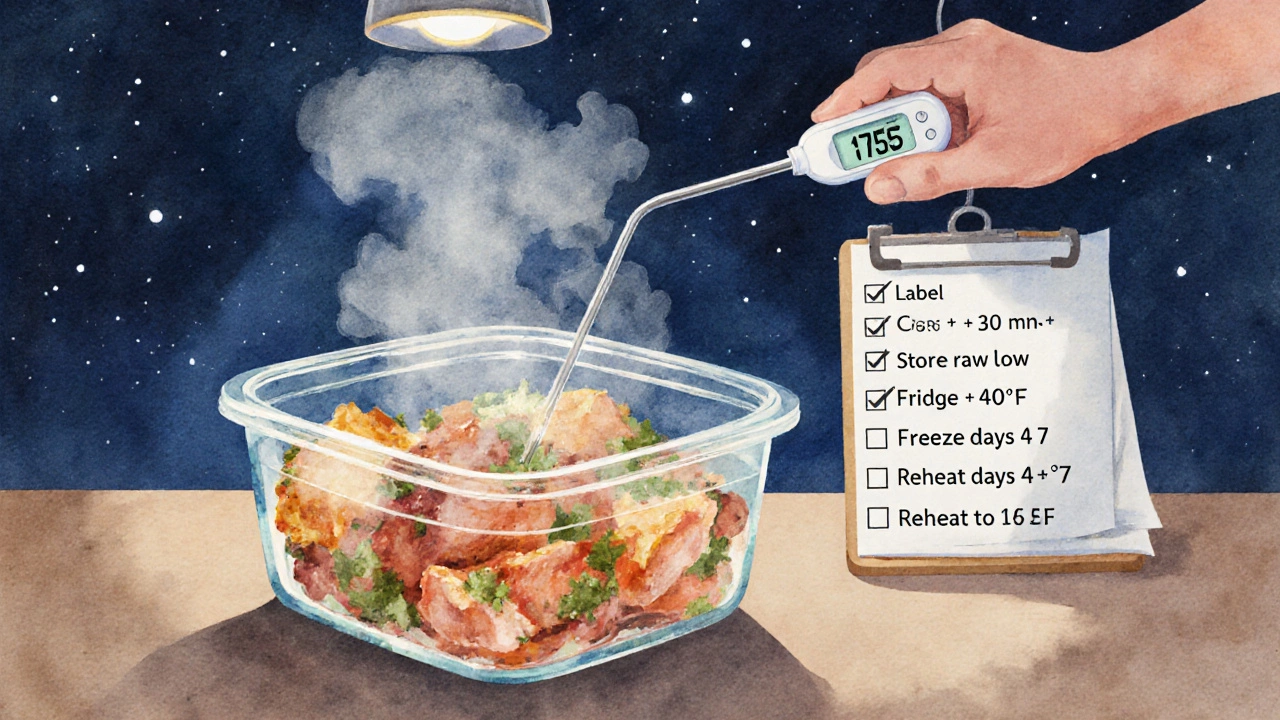 Hand checking temperature of a reheated meal with a food thermometer.