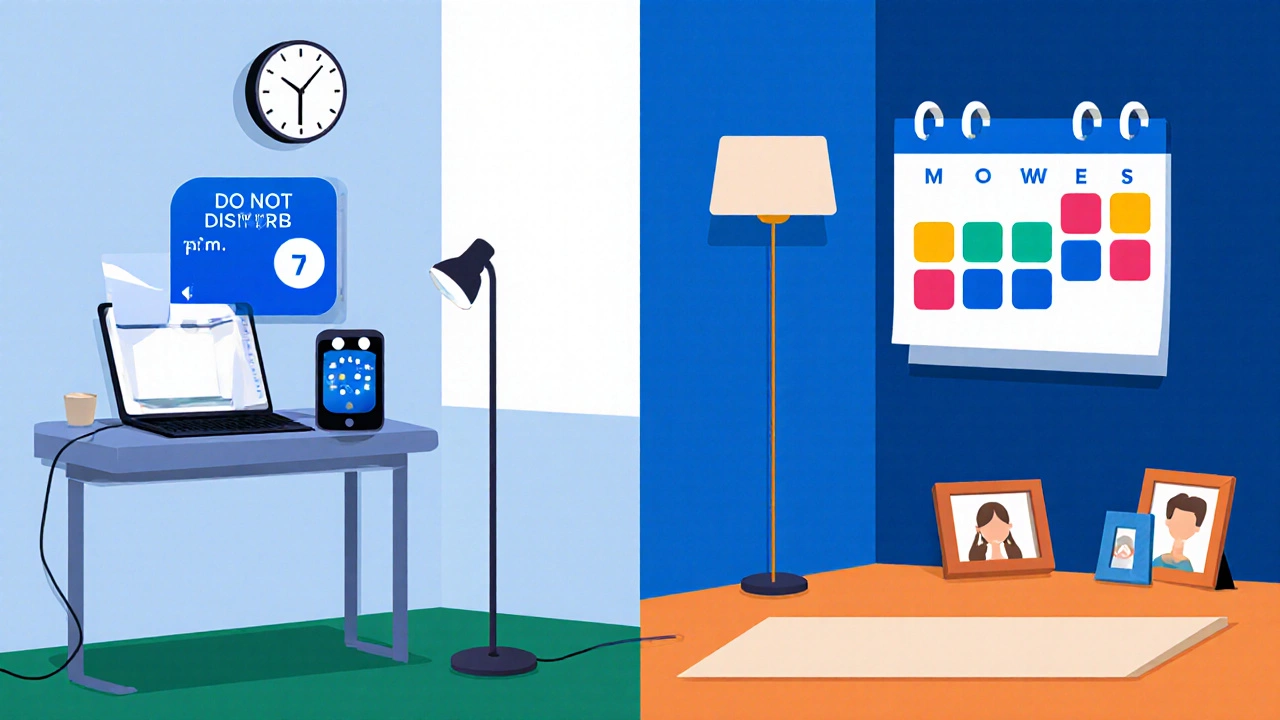 Home office split into work zone with do‑not‑disturb phone and personal zone with calendar blocks.