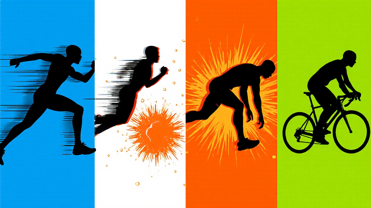 Illustrated HIIT circuit showing jumping jacks, plank, burpees, and bicycle crunches.