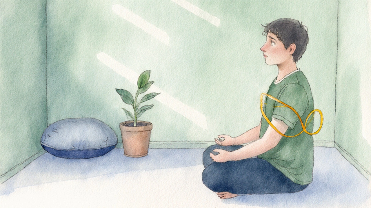 Individual sitting in a quiet room, breath visualized as a gentle golden line.