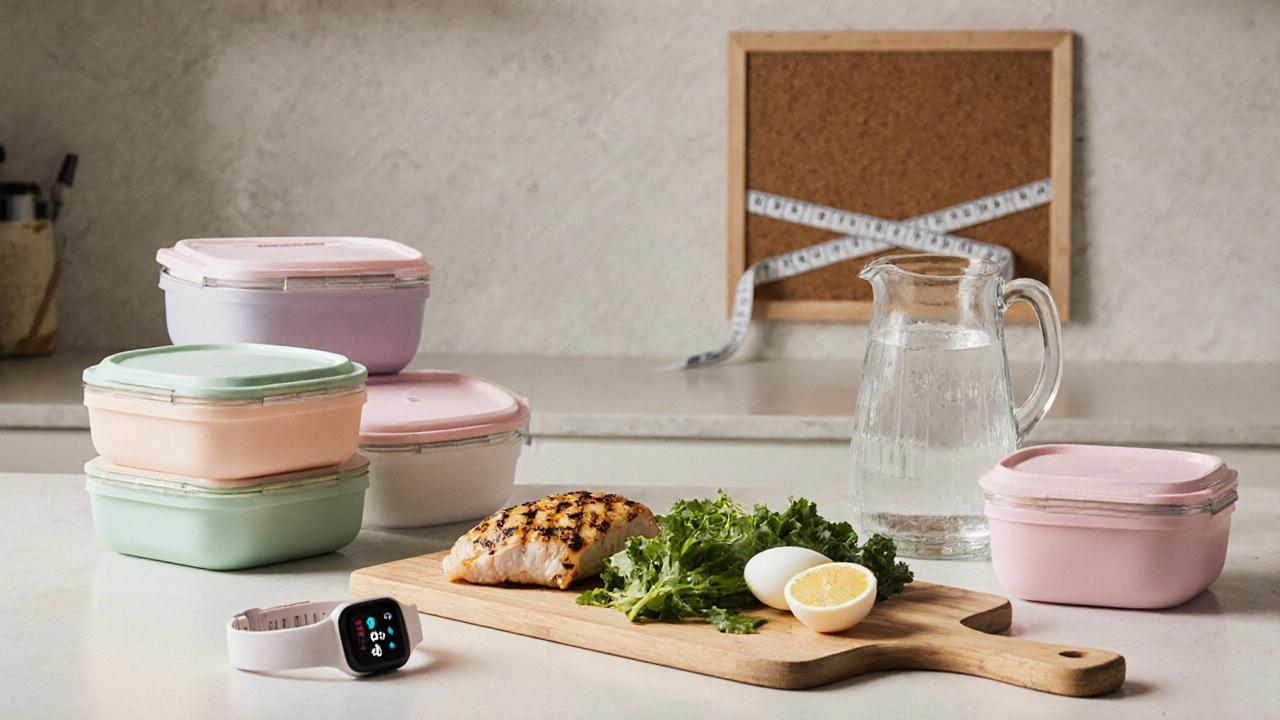 Kitchen meal‑prep scene with containers, protein foods, water pitcher, and waist‑measurement tools.