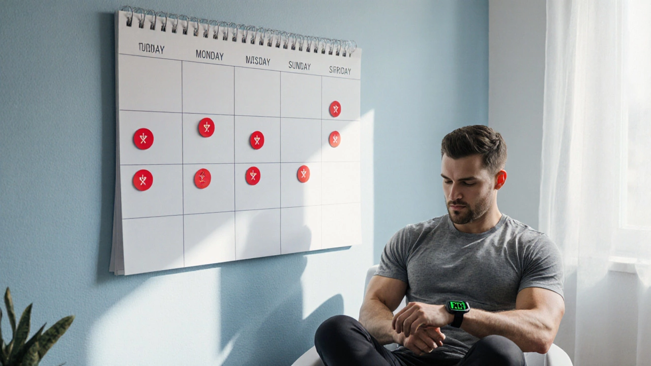 Minimalist calendar with three HIIT days marked, athlete checking smartwatch, soft natural lighting.