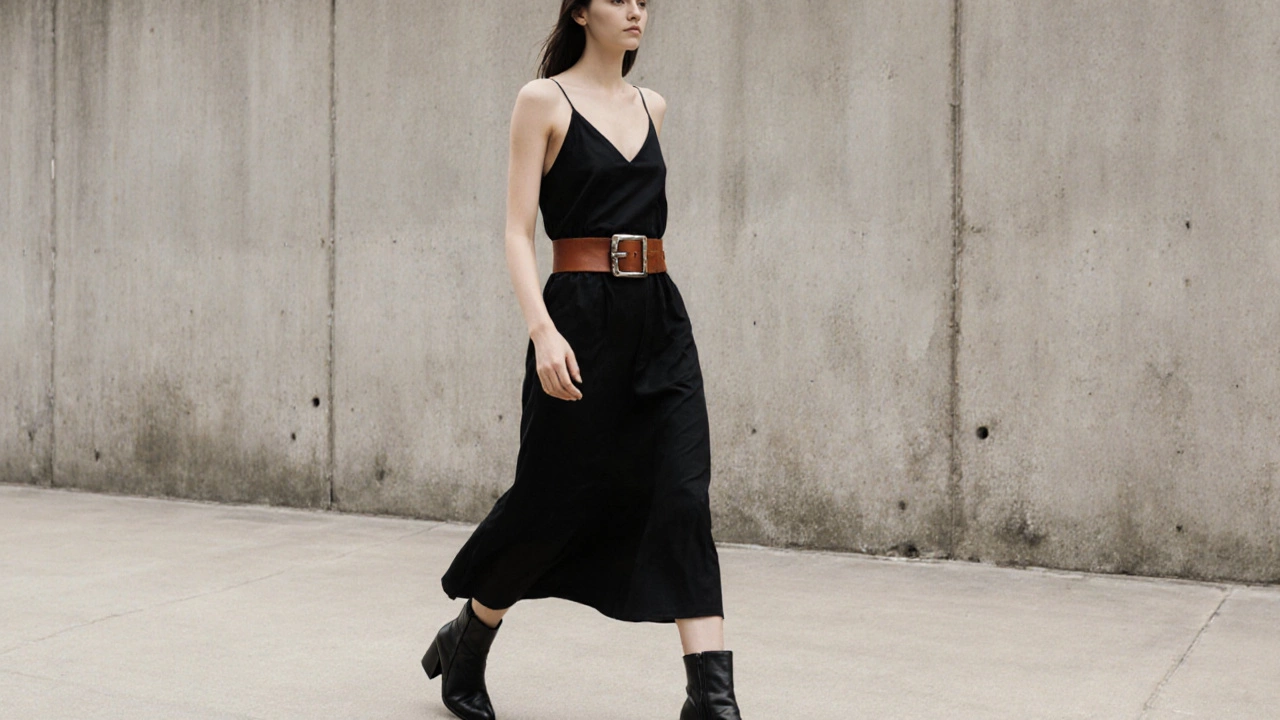 Model in a black dress with a rust belt walking in a muted city backdrop.