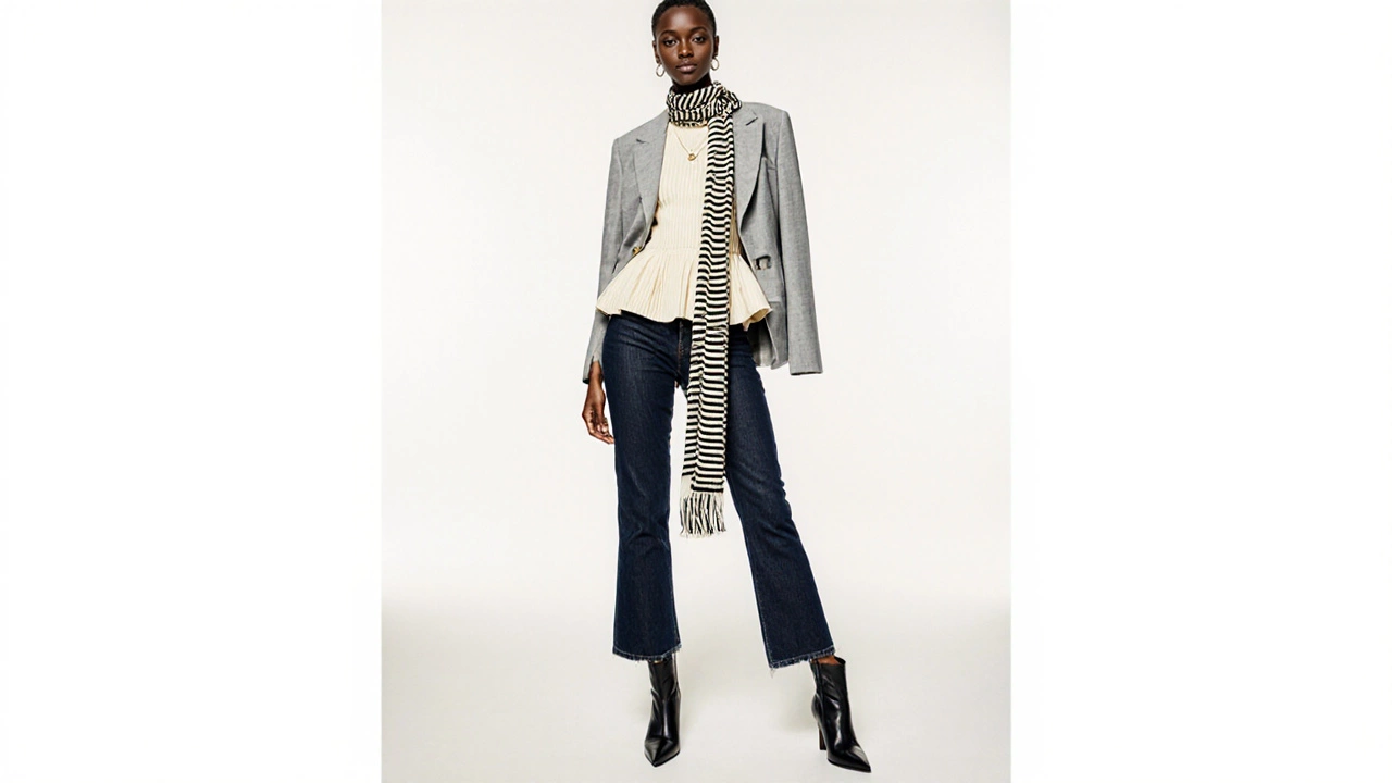 Model in navy high‑waisted jeans, cream sweater, striped scarf, and blazer.