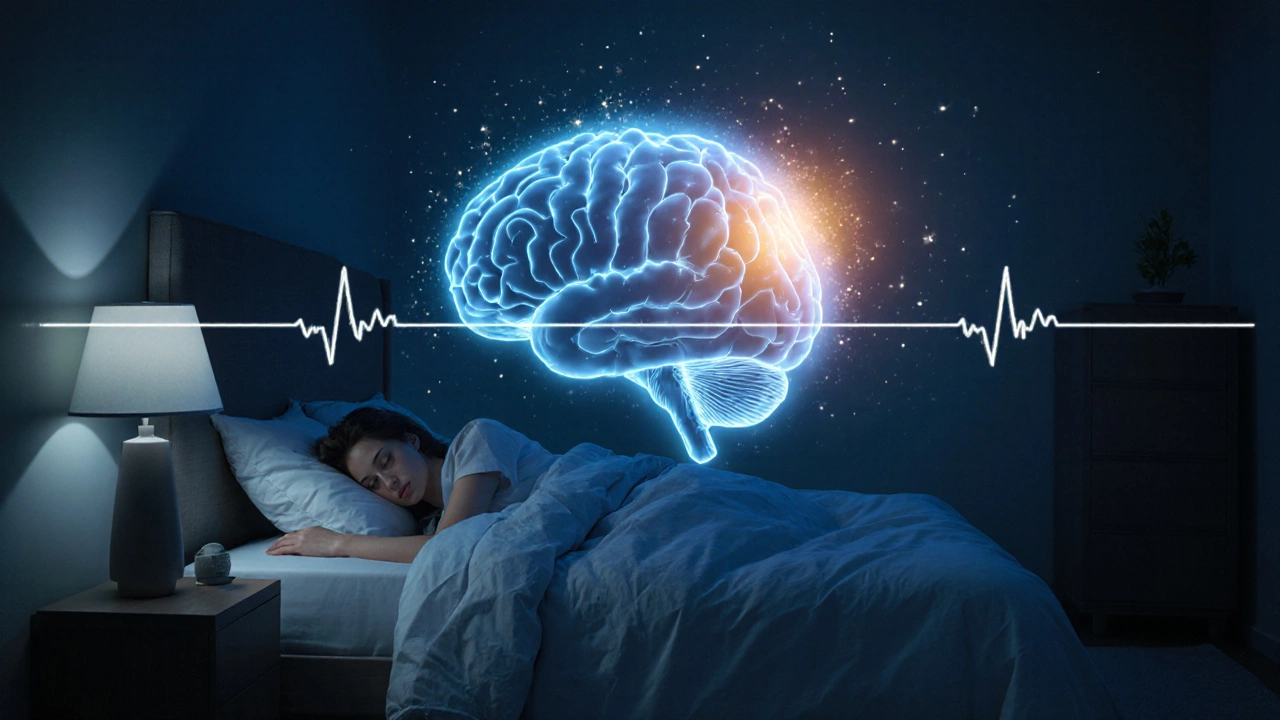 Night bedroom blended with a glowing brain scan showing mindfulness benefits.