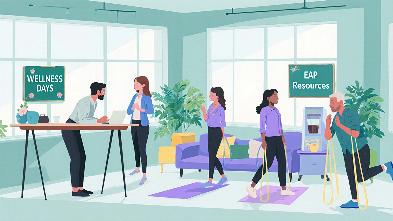 Office lounge scene showing employees doing mindfulness and micro‑exercise activities.