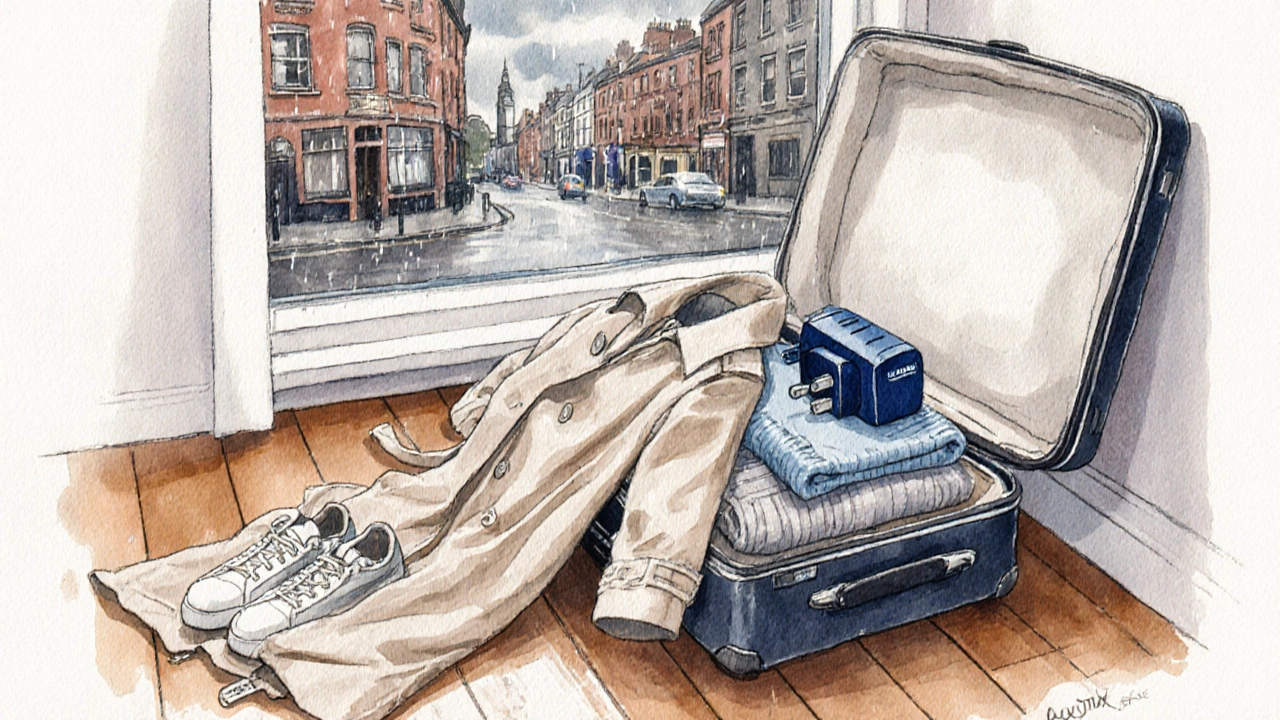 Open suitcase showing waterproof coat, shoes, umbrella, and plug adapter near rainy window.
