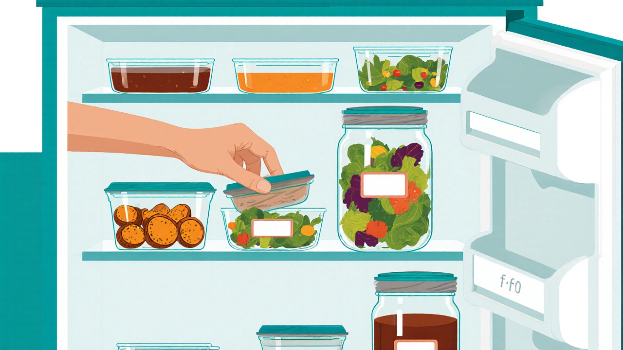 Organized fridge interior with labeled containers and a hand placing a new container at the front.