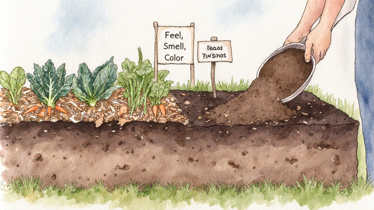 Painterly view of a gardener spreading compost and mulch over a vegetable bed.