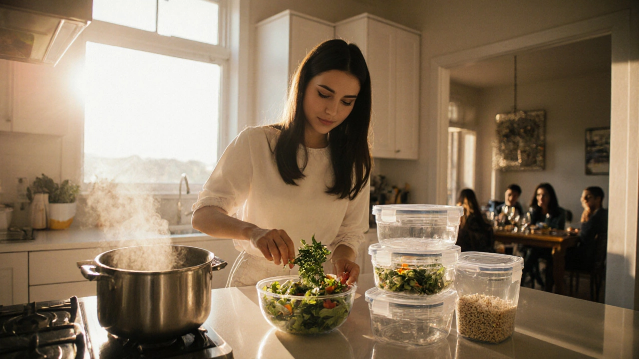 Person adding fresh herbs to a salad beside prepared containers, hinting at flexible meal prep.