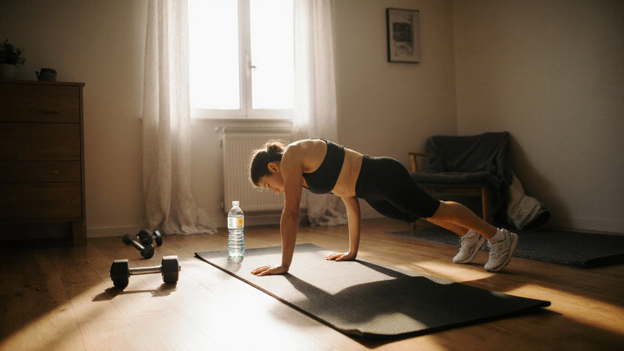 Person doing bodyweight exercises like squats and push-ups on a yoga mat at home.