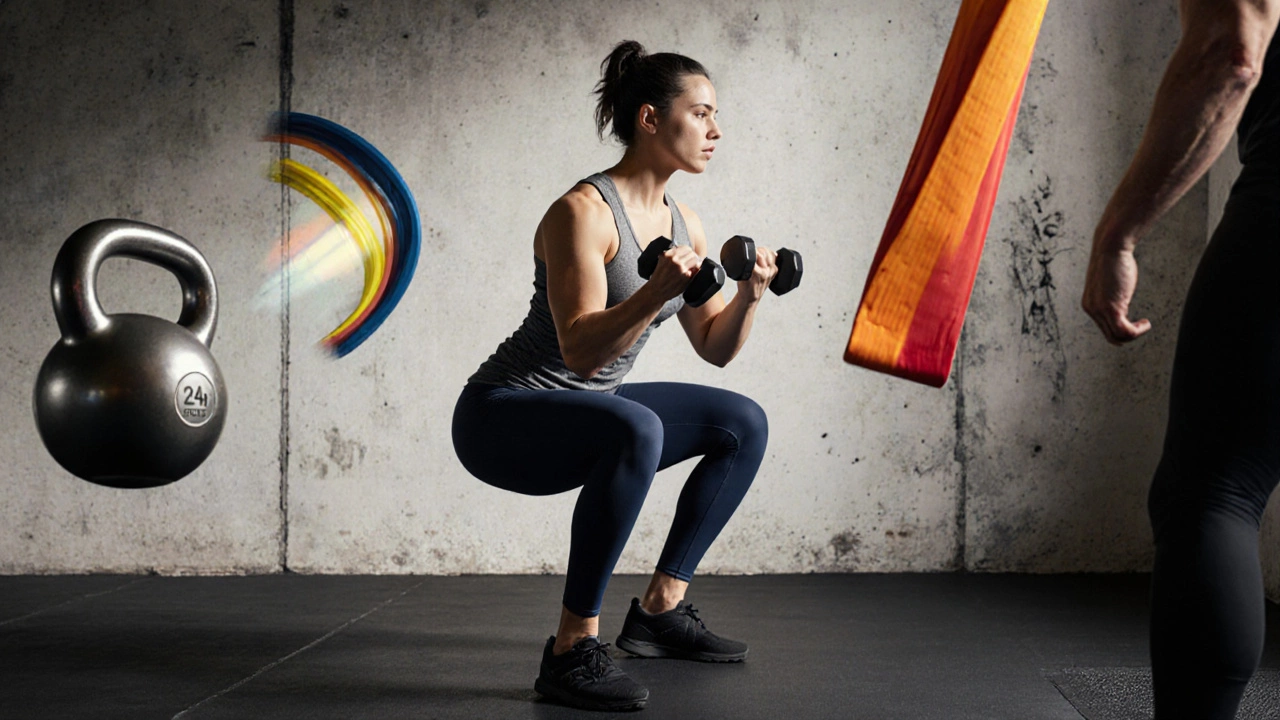 Person using adjustable dumbbells, kettlebell, and resistance bands for strength training.