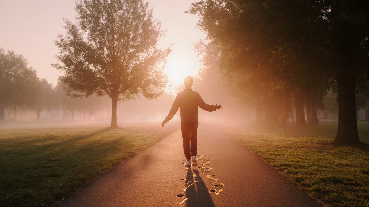 Person walking on a misty park trail at sunrise, representing walking meditation.