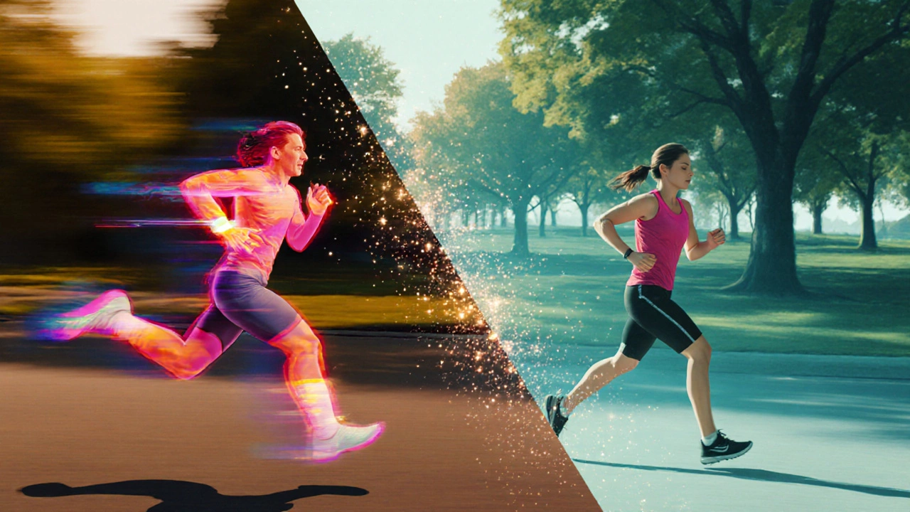 Runner shown sprinting with high heart rate and later jogging at lower intensity.