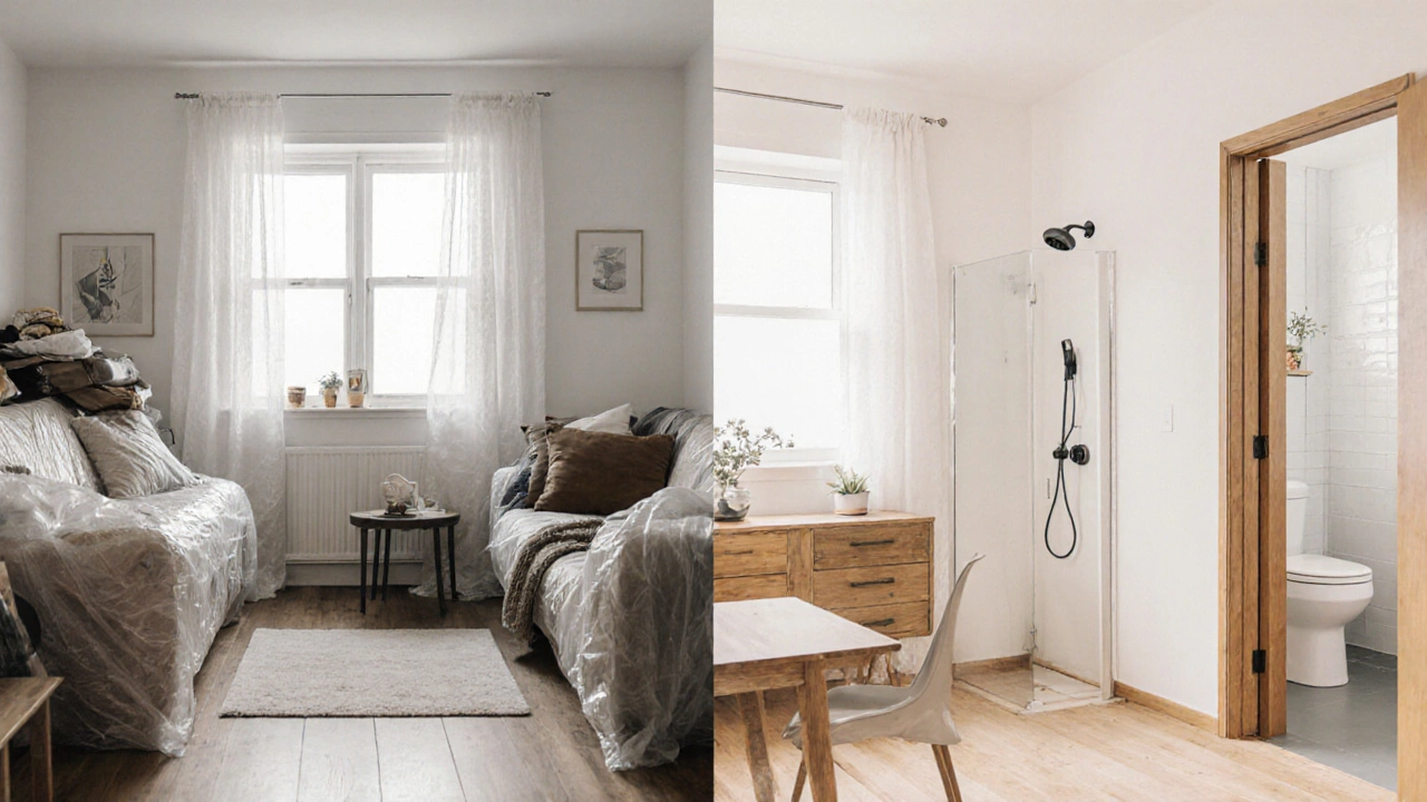 Side-by-side comparison of conventional and sustainable home interiors with reclaimed wood, thermal curtains, and smart plugs.
