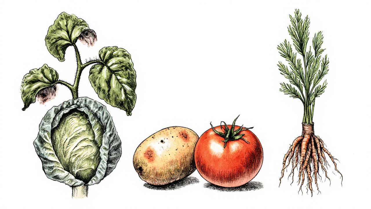 Sketch of tomato with cabbage, potato with tomato, and carrot with dill highlighting bad pairings.