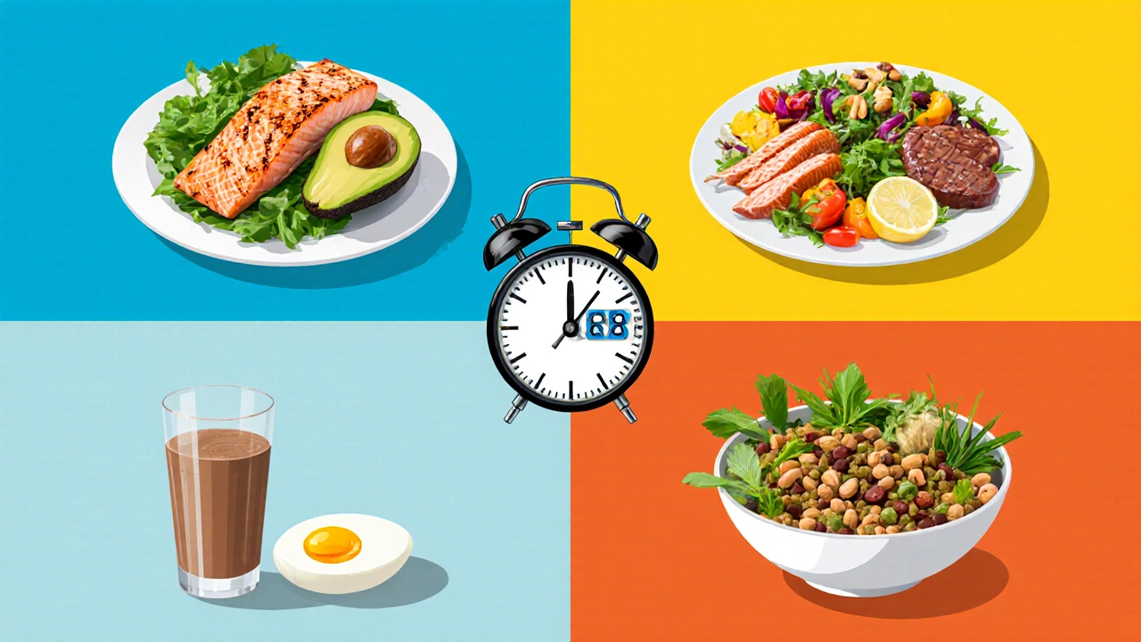 Split‑screen illustration of low‑carb, Mediterranean, intermittent fasting, high‑protein, and plant‑based diet scenes.