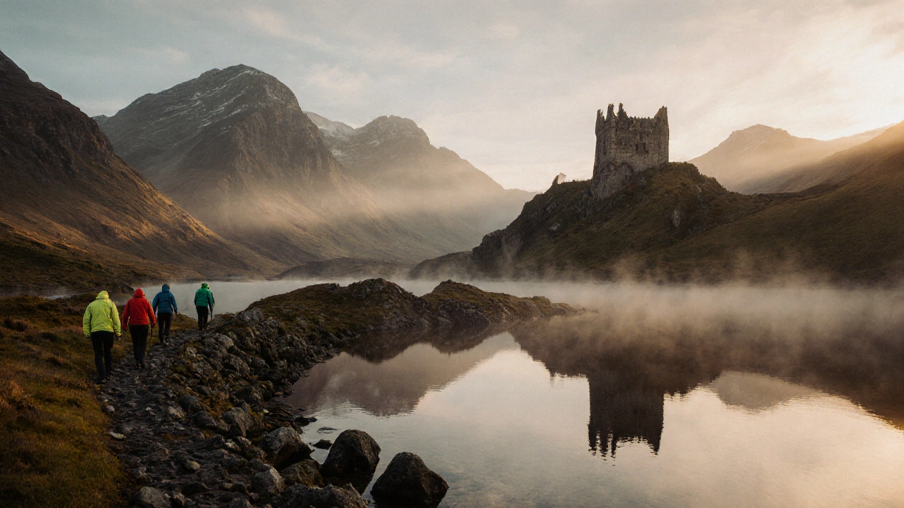 Sunrise over Scottish Highlands loch with hikers and a distant castle.