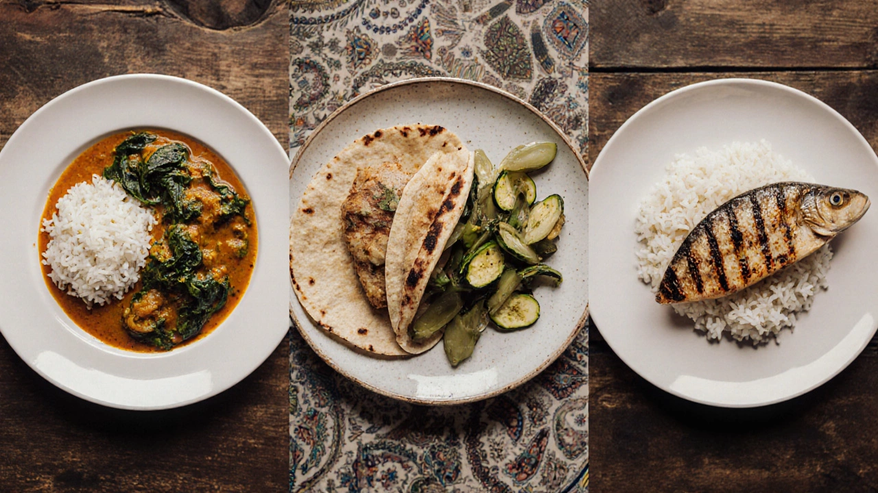 Three cultural dinner plates showing chicken with tortillas, dal with rice, and grilled fish with rice, arranged side by side.