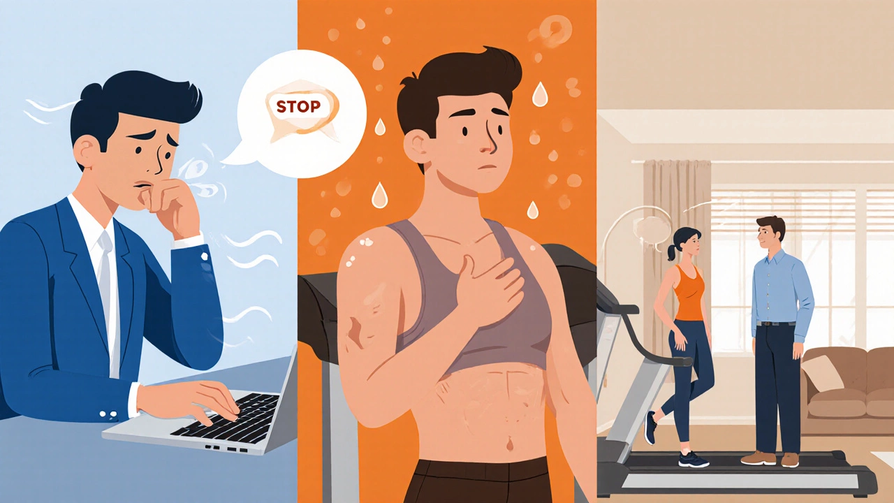 Three split scenes: office worker, exerciser, and couple each pausing briefly during stress.