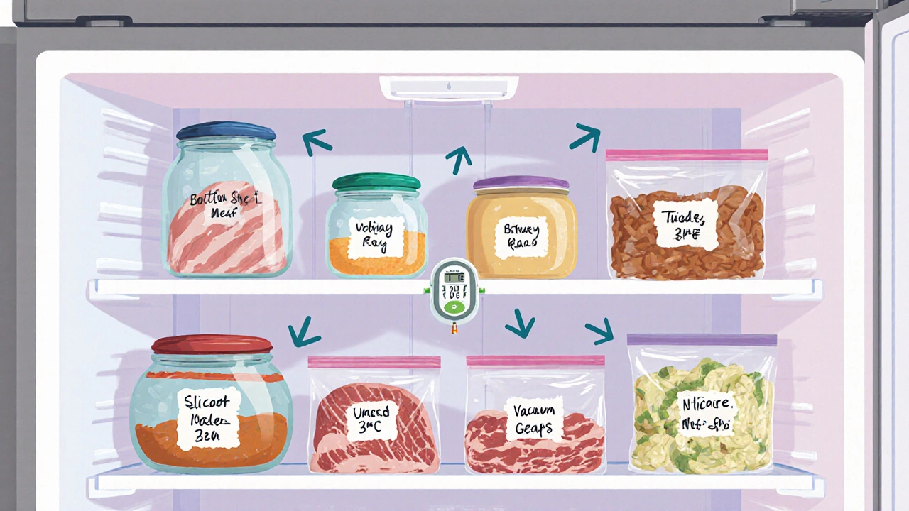 Top‑down view of an organized fridge with labeled containers and thermometer.