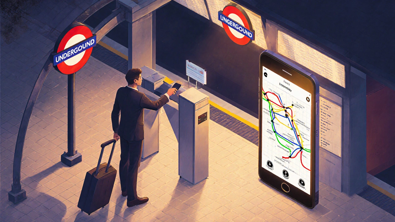 Traveler tapping contactless card on Tube turnstile with transit app on smartphone.
