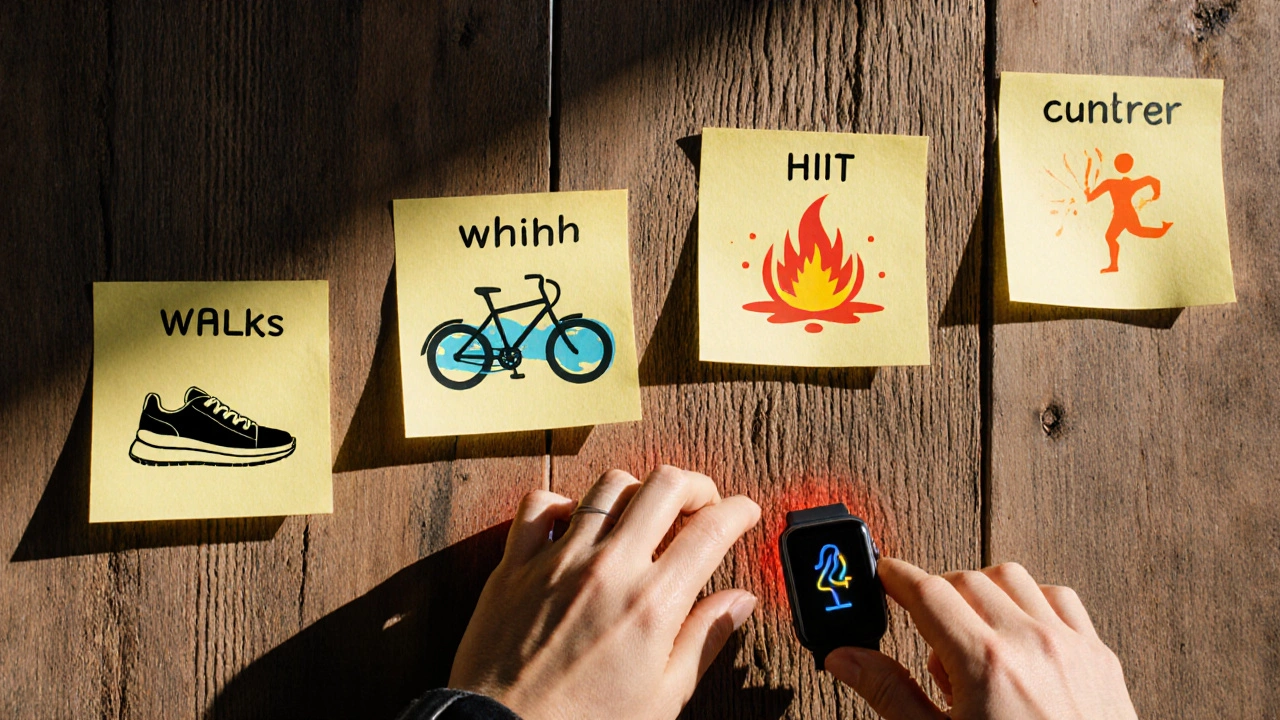 Wall of visual cards showing different cardio activities and recovery cues.