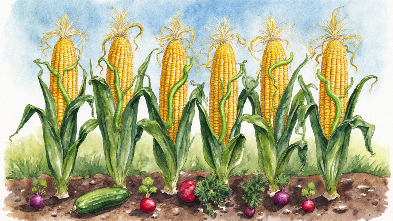 Watercolor bed with beans climbing corn, cucumber vines and radishes illustrating good companions.