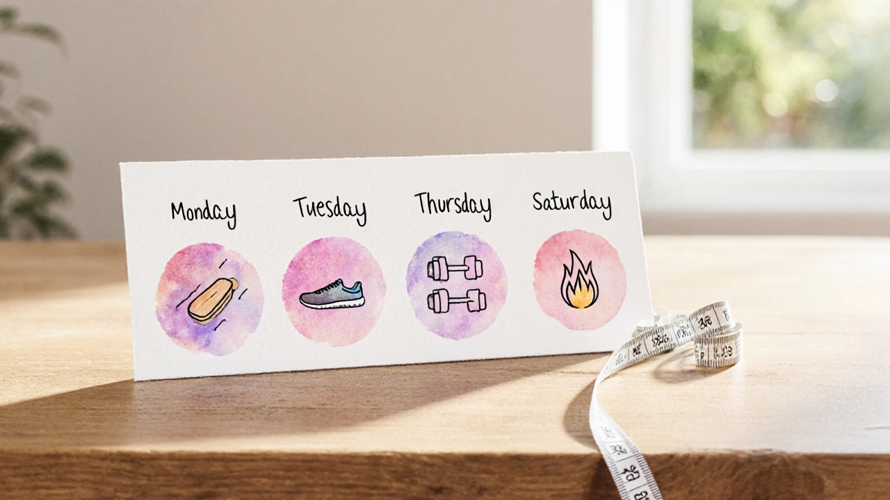 Watercolor weekly workout plan with icons for plank, cardio, strength, and HIIT.