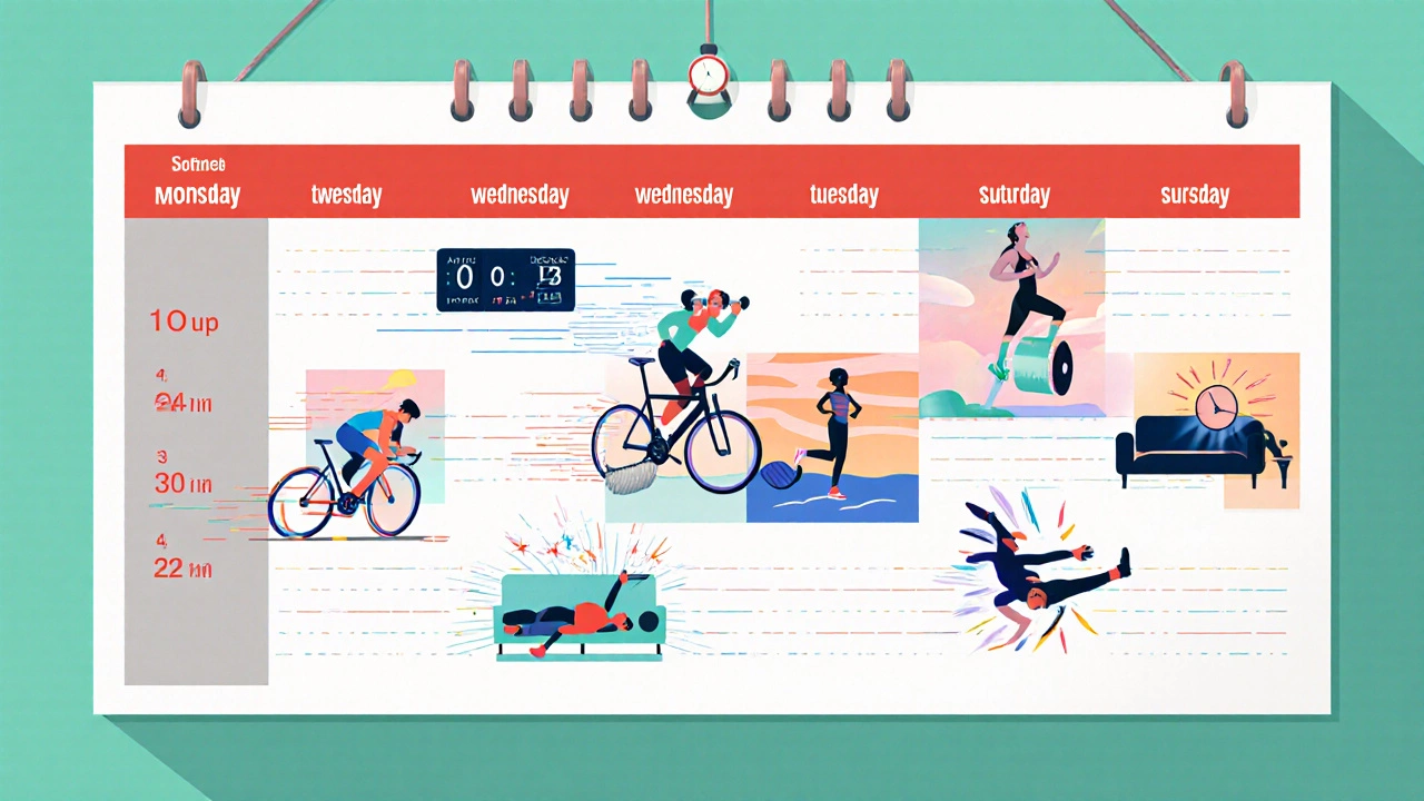 Weekly workout calendar with illustrations of strength, HIIT, recovery, yoga, and rest activities.