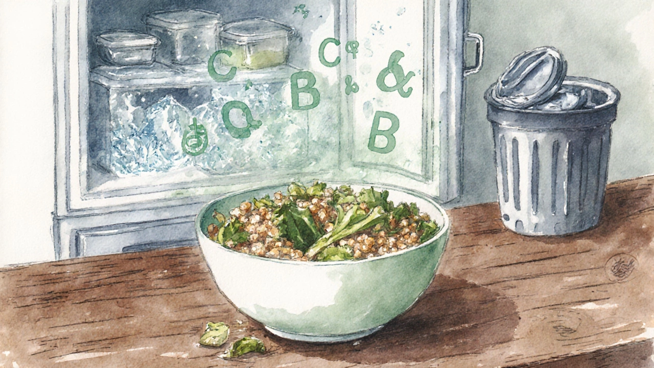 Wilted quinoa bowl with fading vitamin icons and a nearby trash bin signifying waste.