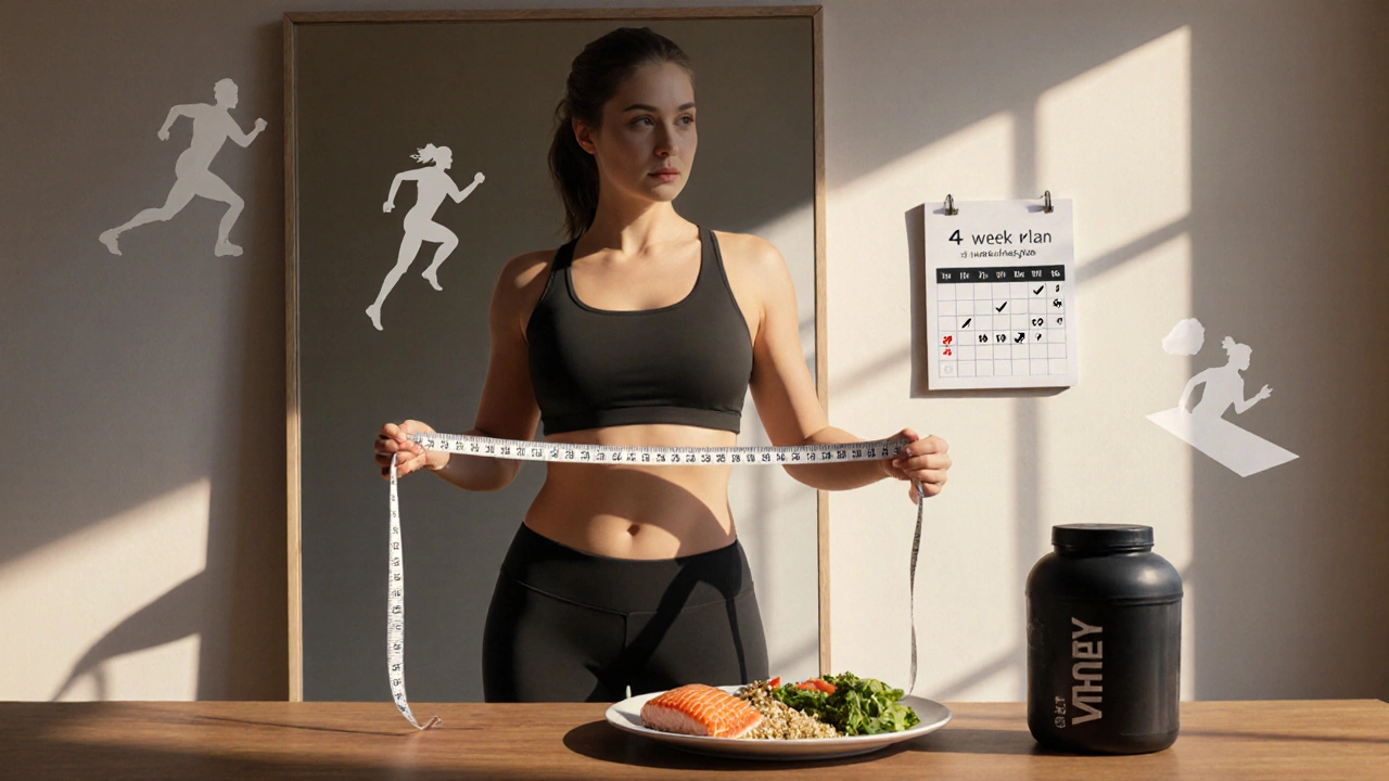 Woman measuring waist in mirror, surrounded by food, protein shake, and fitness icons after 4‑week plan.