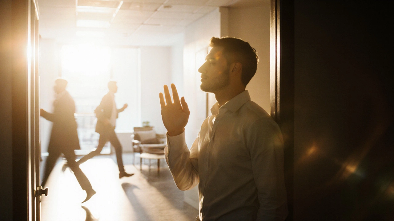A man pausing at an open doorway, eyes closed, light surrounding him as others rush behind.