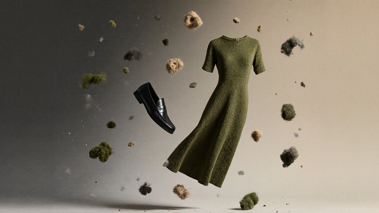 A slip-on loafer and knit dress floating with eco-material fragments against a muted color gradient.