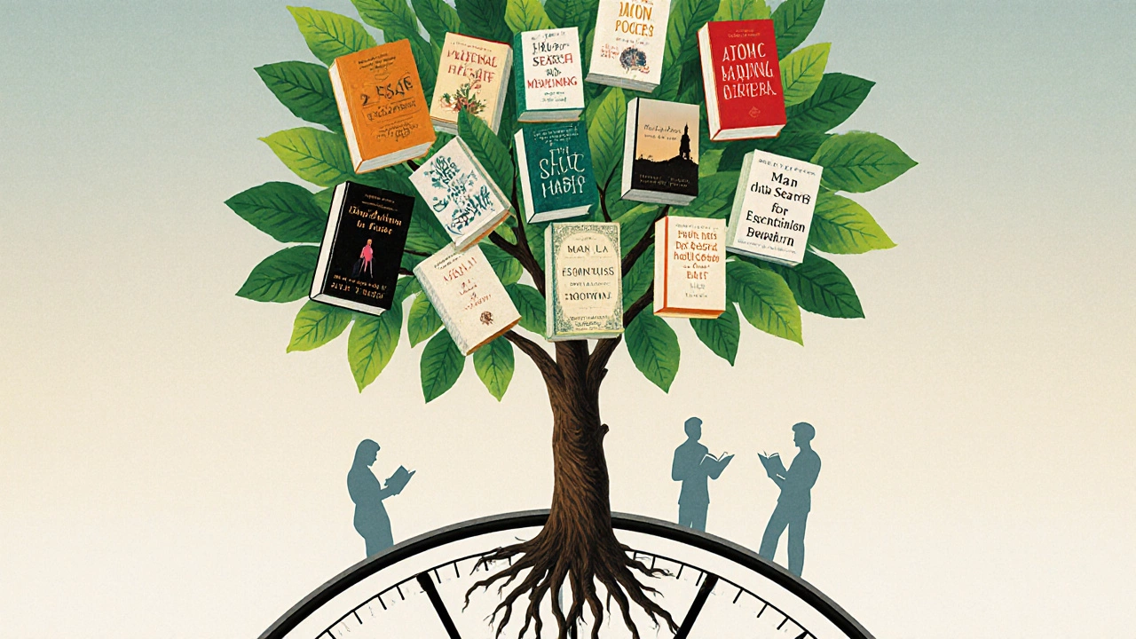 A tree with book-shaped leaves growing from a clock, symbolizing habit and growth.