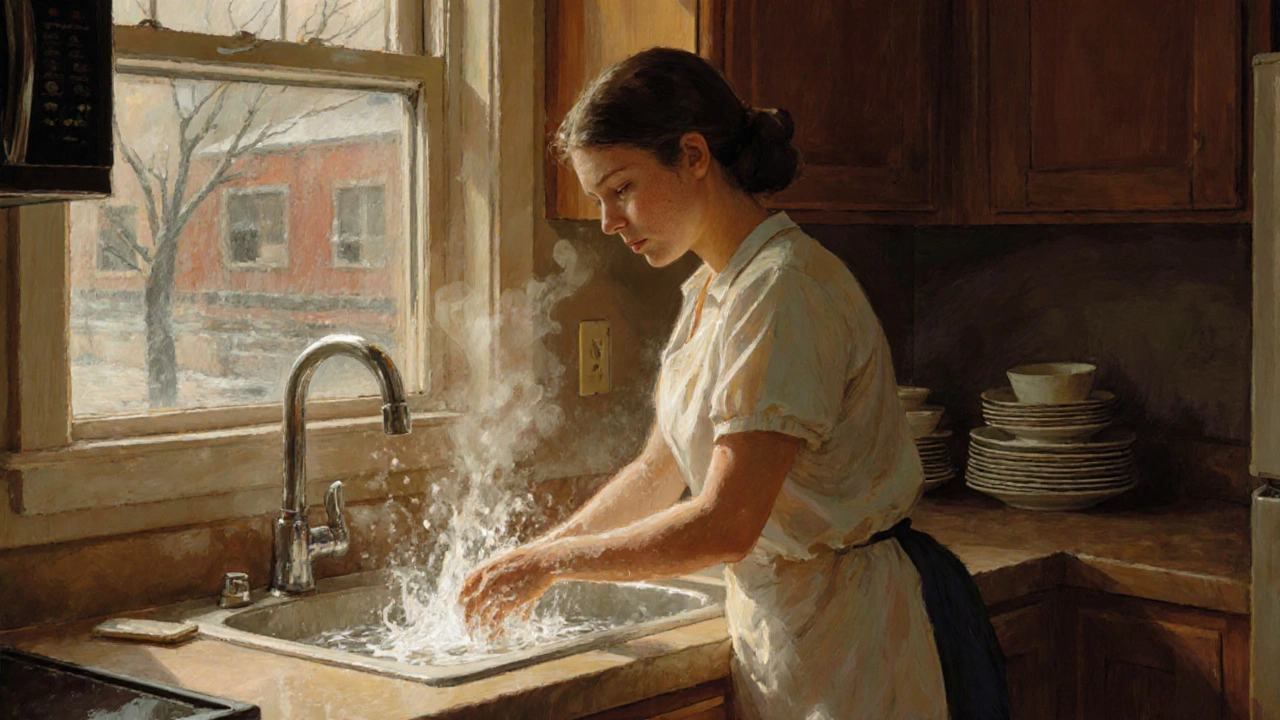 A woman washing dishes peacefully in a kitchen, steam rising, no phone in sight.