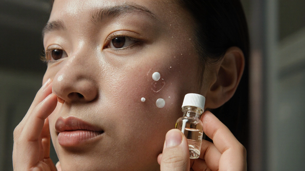 Hands applying niacinamide serum and benzoyl peroxide to acne-prone skin with soft focus background.