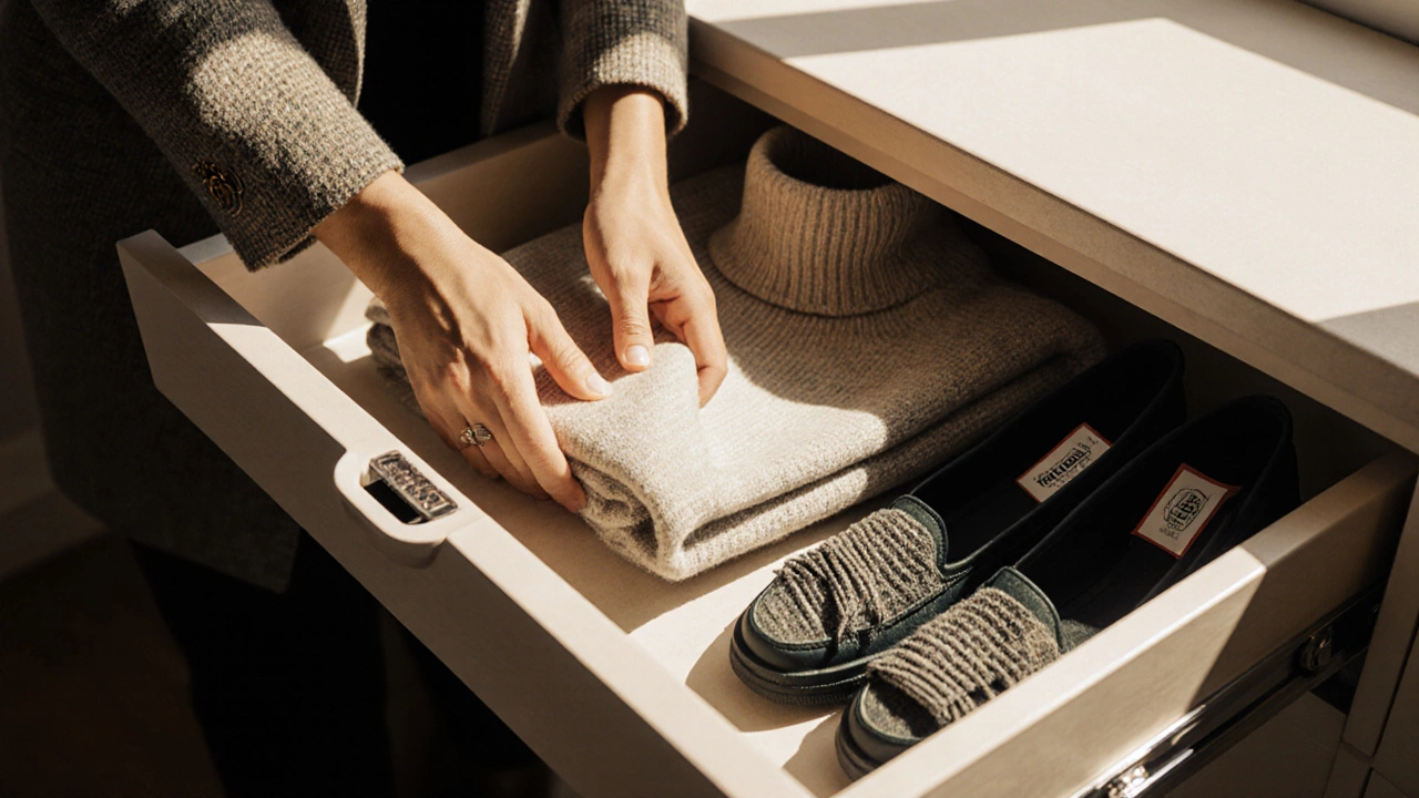 Hands folding a soft TENCEL™ turtleneck with recycled loafers beside it in a minimalist drawer.