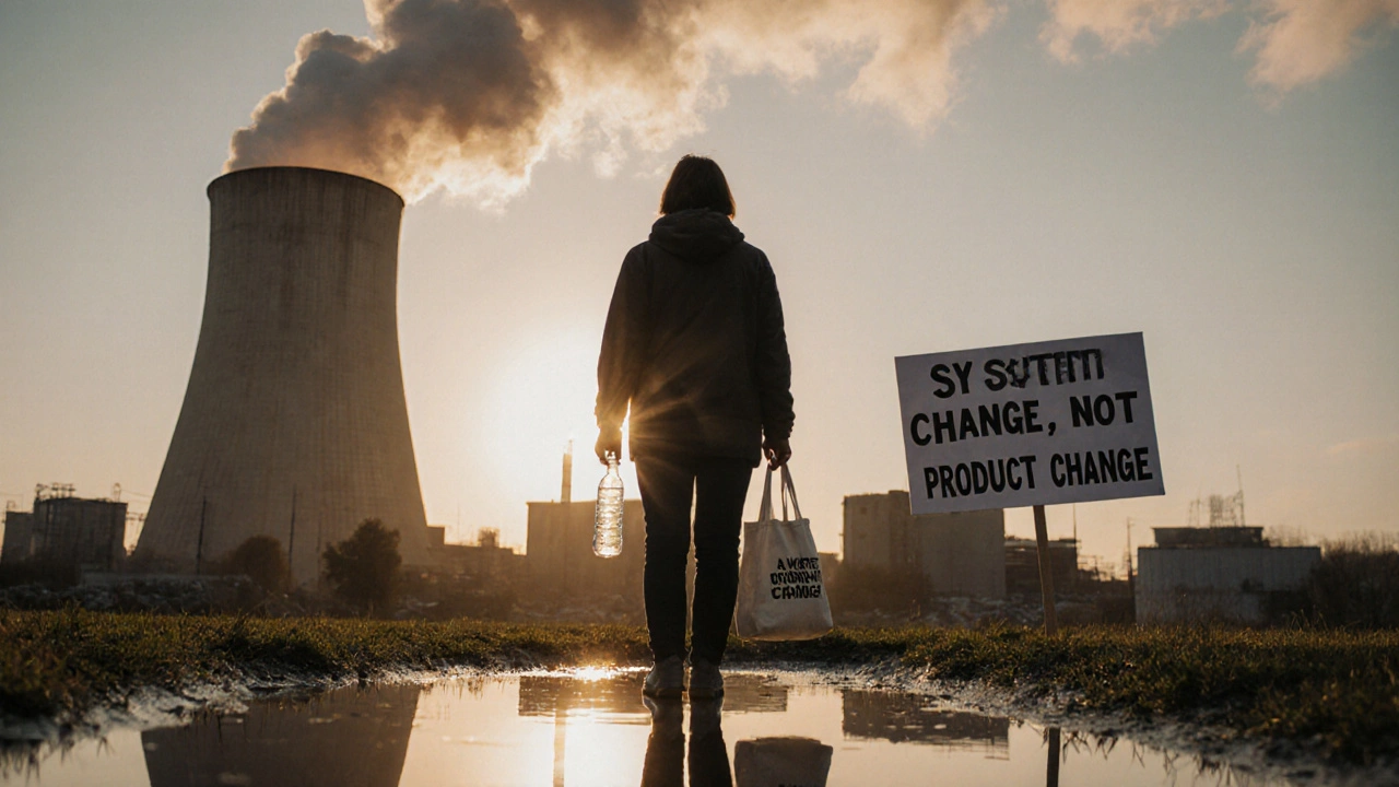 Person holding reusable bag in front of factory smokestack emitting plastic waste, reflection shows plastic bottle.