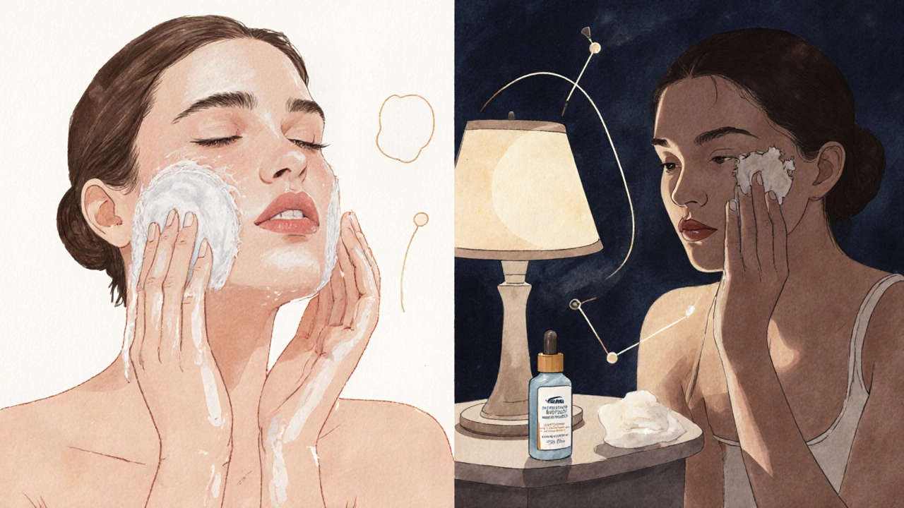 Split-day skincare routine: morning cleanse and night retinol application with moisturizer, illustrated in soft watercolor style.